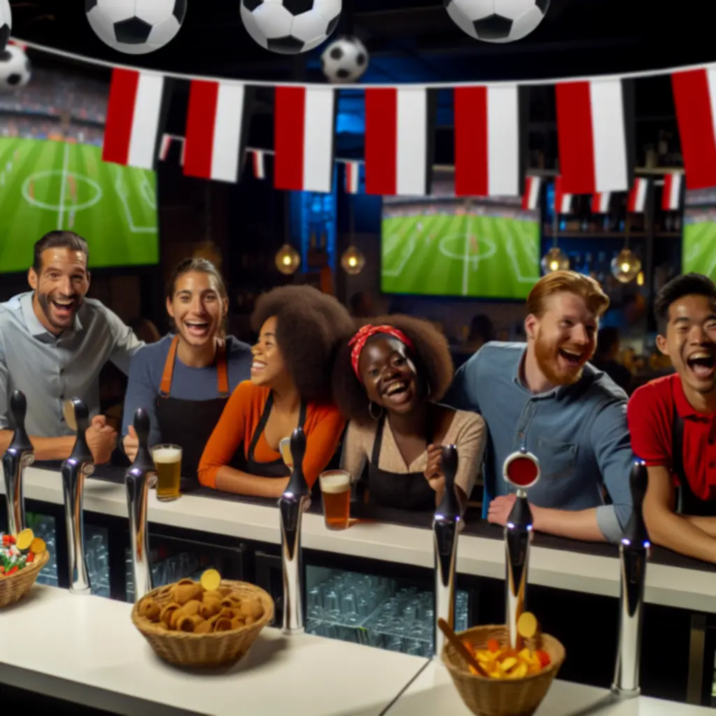 Barteam in actie achter de toog tijdens een drukke voetbalavond in de sportbar.