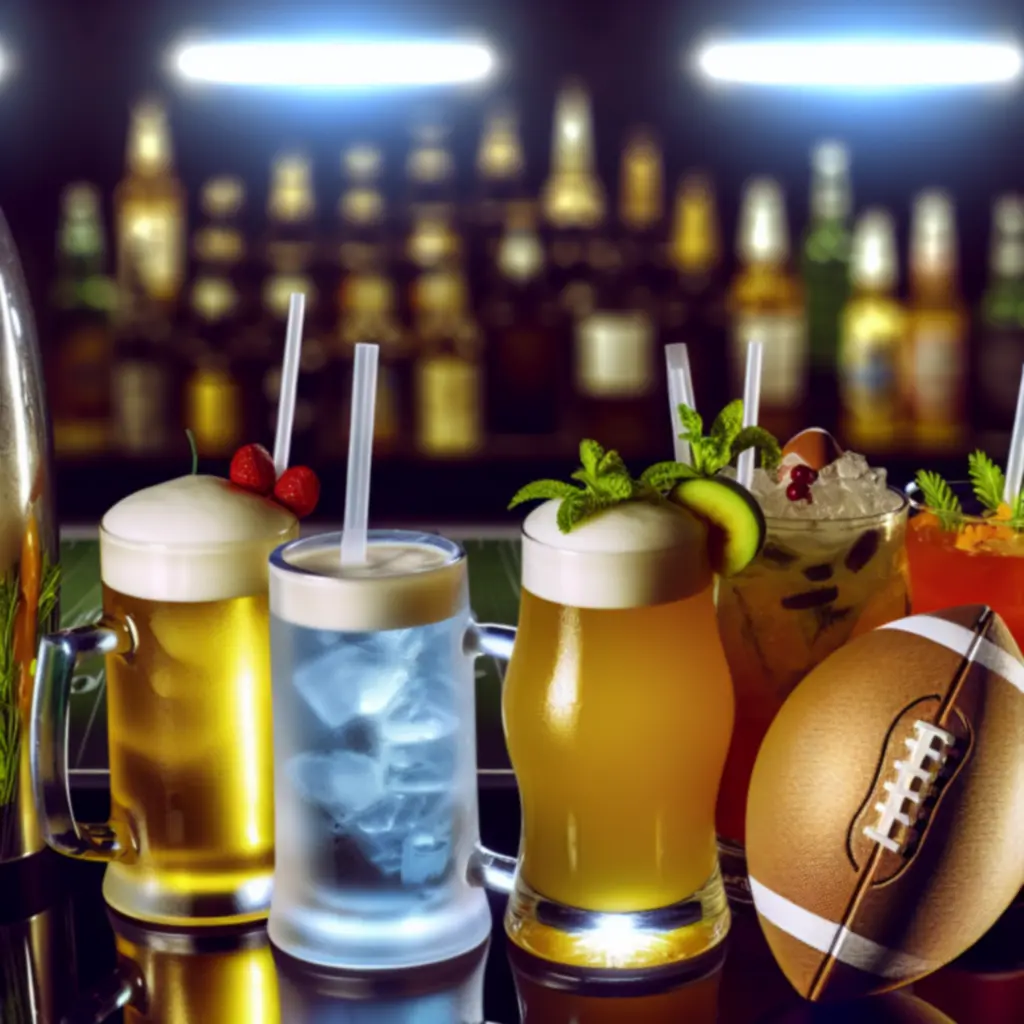 Glazen bier en kleurrijke cocktails op de bar in een moderne sportbar.