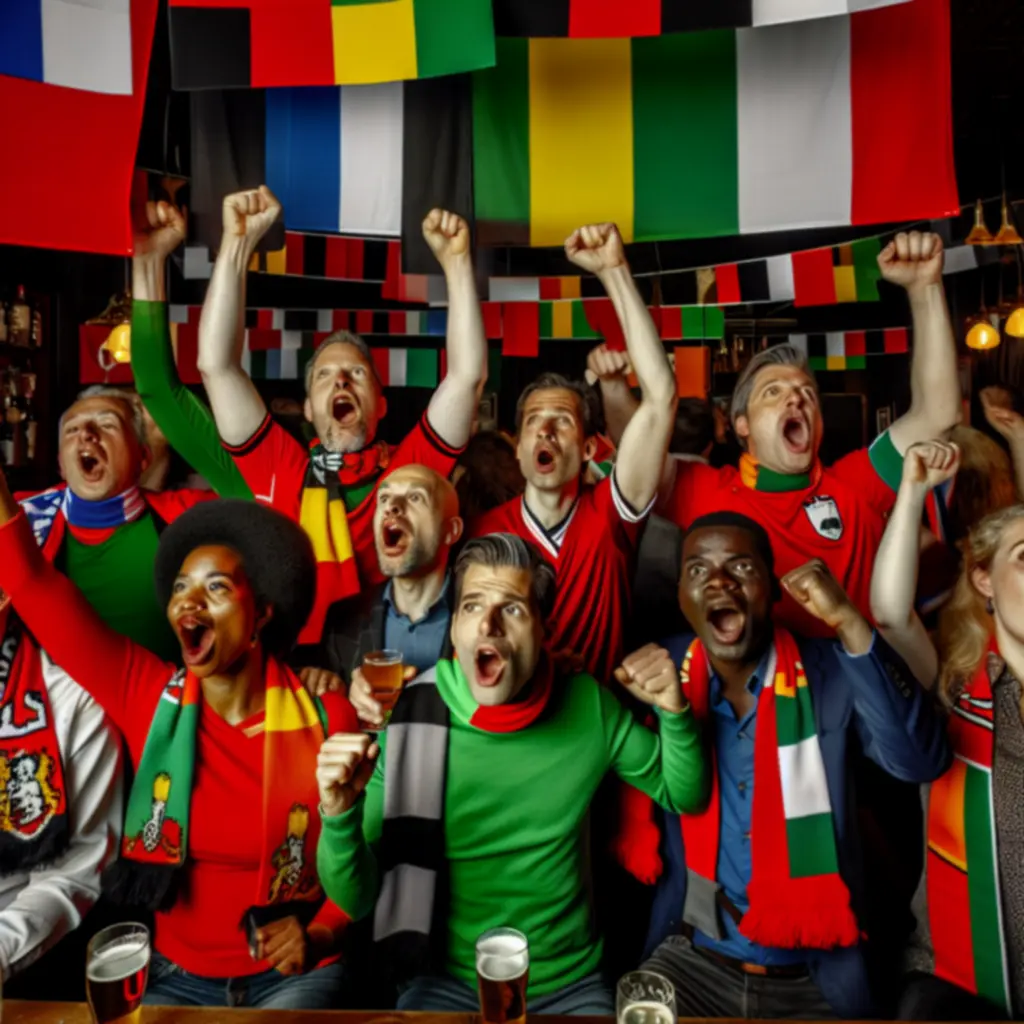 Uitbundige voetbal-fans met sjaals en vlaggen die juichen voor een groot scherm.