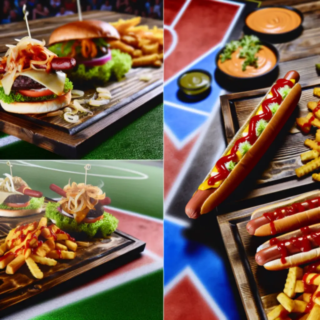 Close-up van burgers, hotdogs en friet in een moderne sportbar.