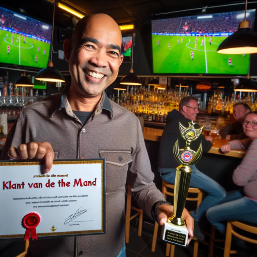 Lachende vaste klant in de sportbar wordt in het zonnetje gezet als klant van de maand.