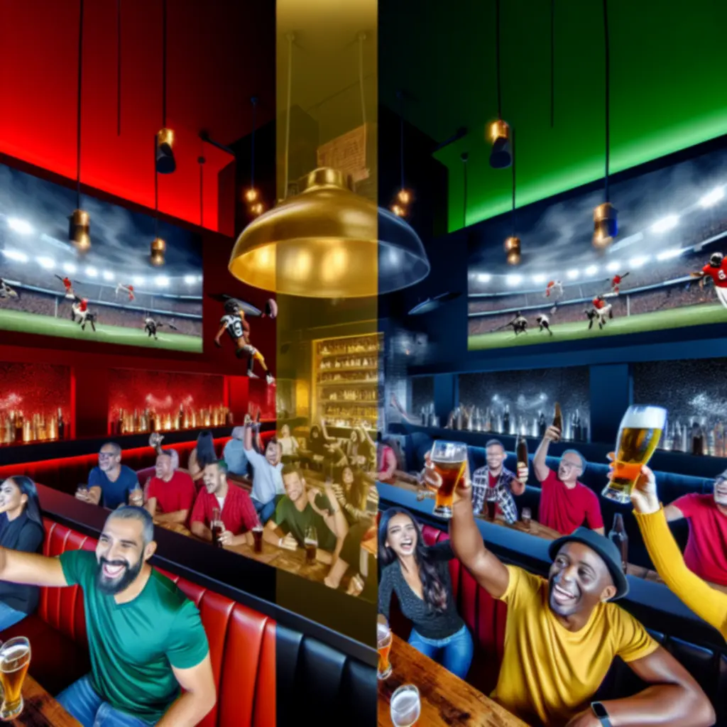 Lichtgevende sportbar vol supporters tijdens een grote voetbalwedstrijd.