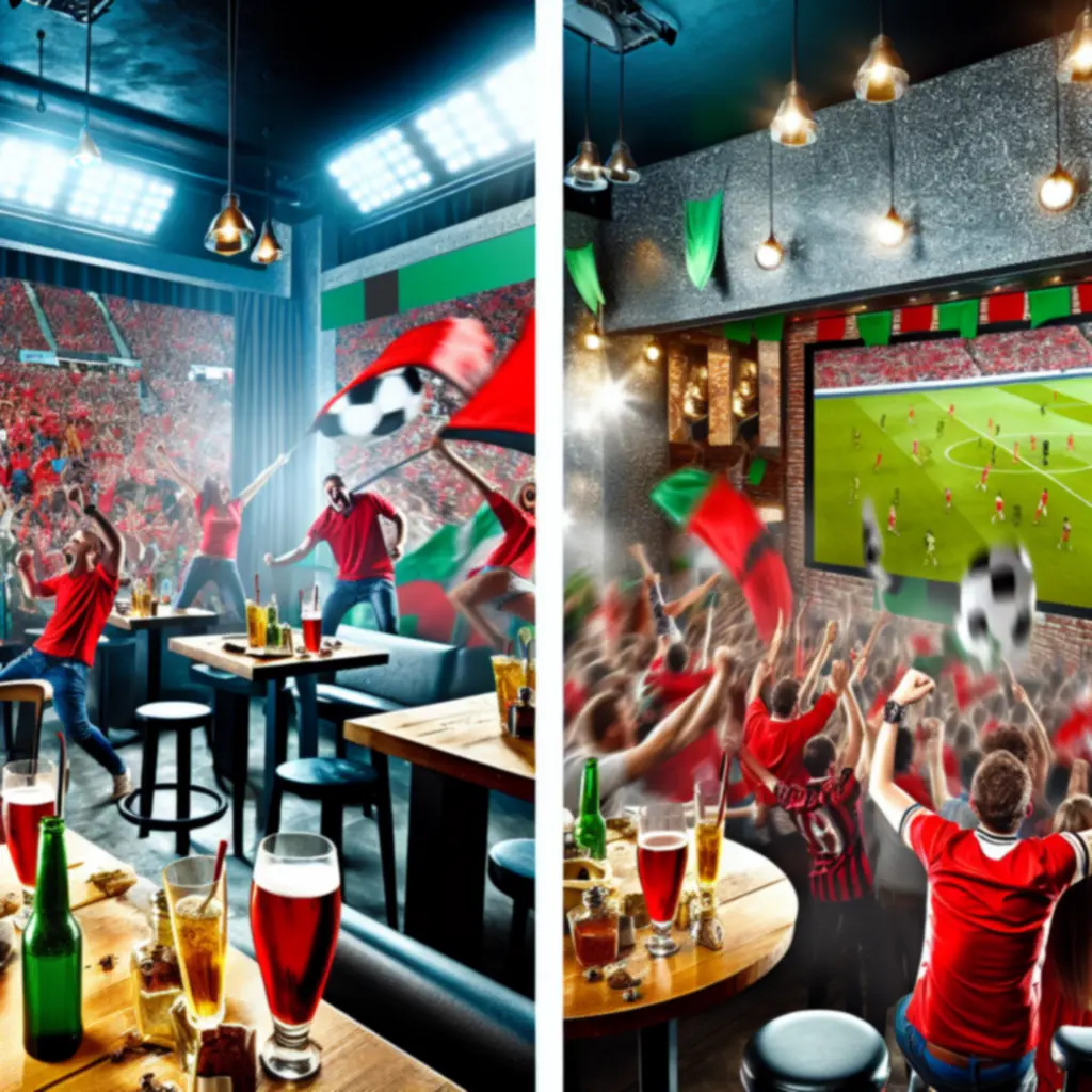 Drukke sportbar met juichende voetbalfans in clubkleuren tijdens een topwedstrijd