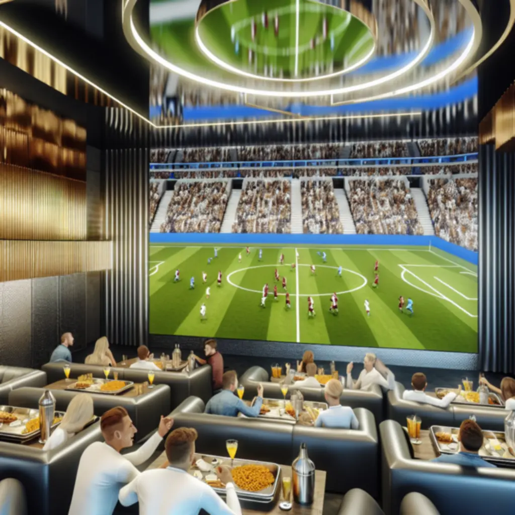 Moderne screening room met grote schermen, dynamische verlichting en enthousiaste fans.