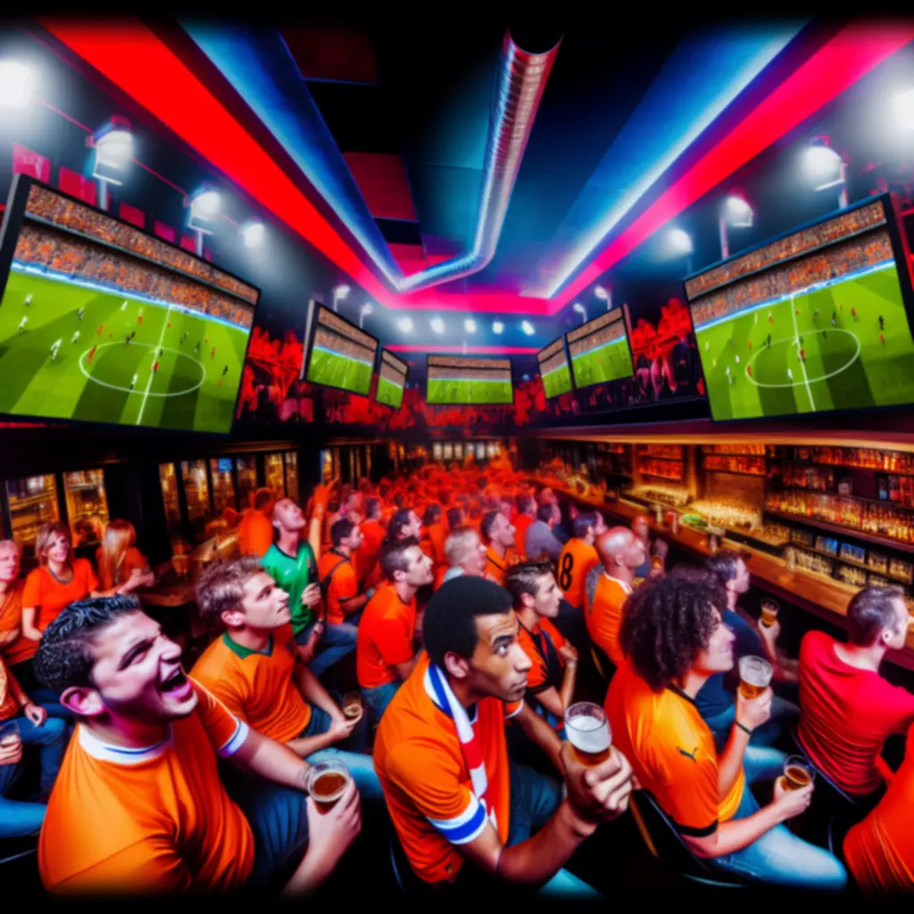 Fans juichen in een druk sportcafé tijdens een live voetbalwedstrijd op groot scherm.